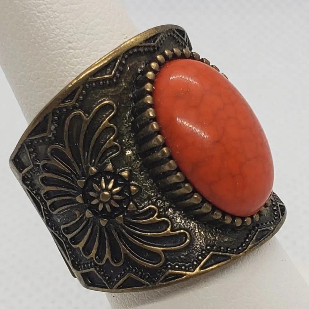Orange & Gold Tone Stretchy Ring